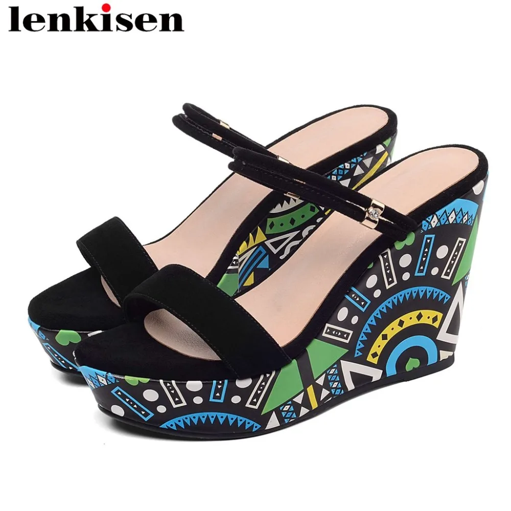 

Lenkisen kid suede wedges platform colorful Graffiti peep toe slip on mules super high bottom vocation summer brand sandals L59
