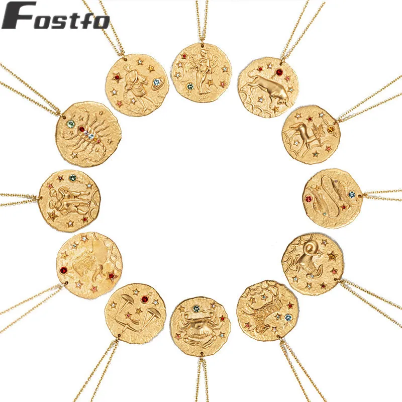 

Fostfo 12 Zodiac Constellations Round Pendants Necklaces For Women Men Gold Color Copper Necklaces Leo Aquarius Charm Jewelry