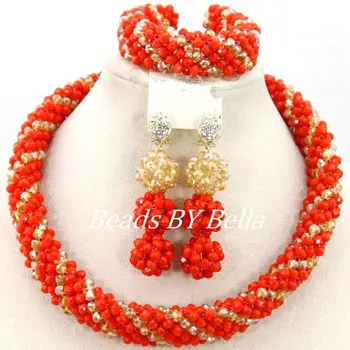 

Latest Design Handmade Crystal Beads Necklace African Jewelry Set Orange Gold Women Fashion Jewelry Set Hot Free Shipping ABY350