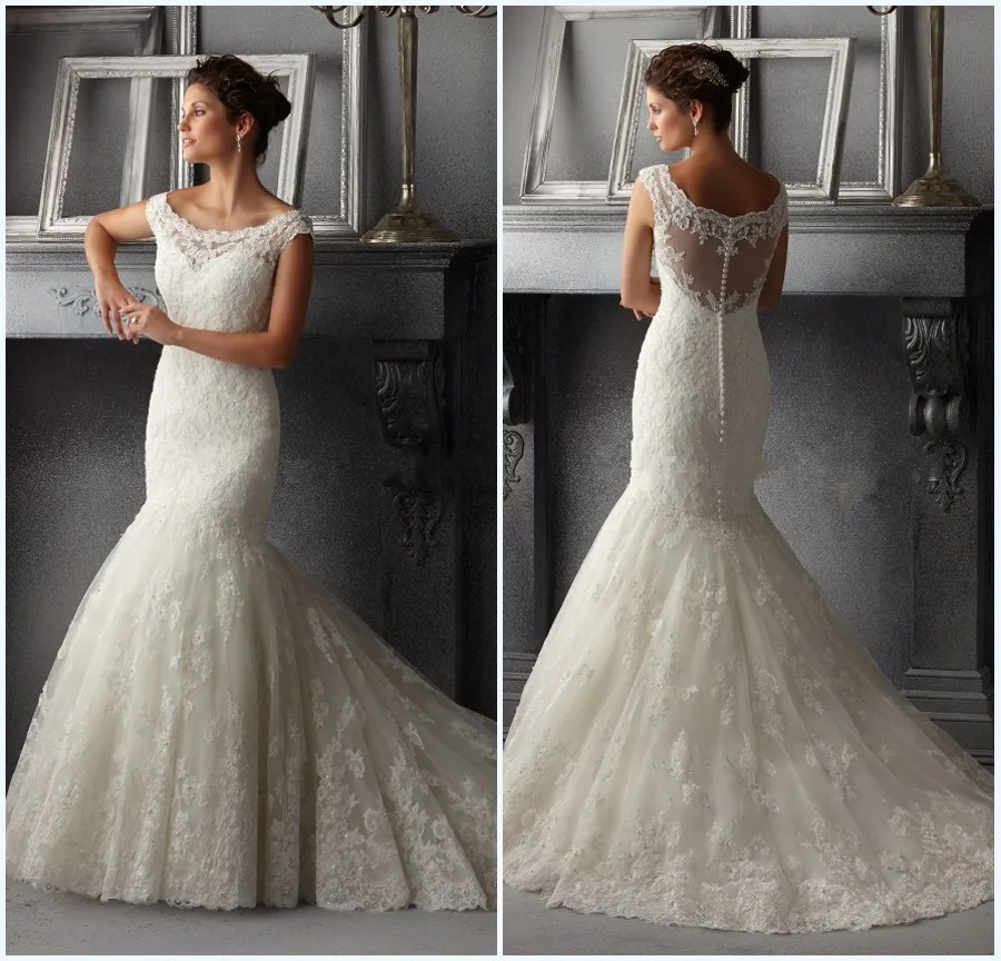 

Vestidos De Noiva 2015 New Fashionable Cap Sleeve Vintage Lace Wedding Dress Bridal Mermaid Wedding Dresses Gown