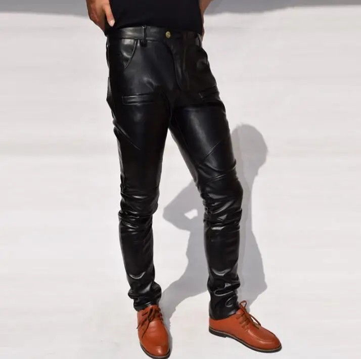 2017 Korean version of the trend of pants Slim feet leather pants tight body motorcycle leather pants casual stitching trousers