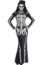 2016 sexy cosplay role clubwear party scary Sugar Skull Adult Catsuit skeleton Long Skeleton Dress Adult Halloween Costume 8877