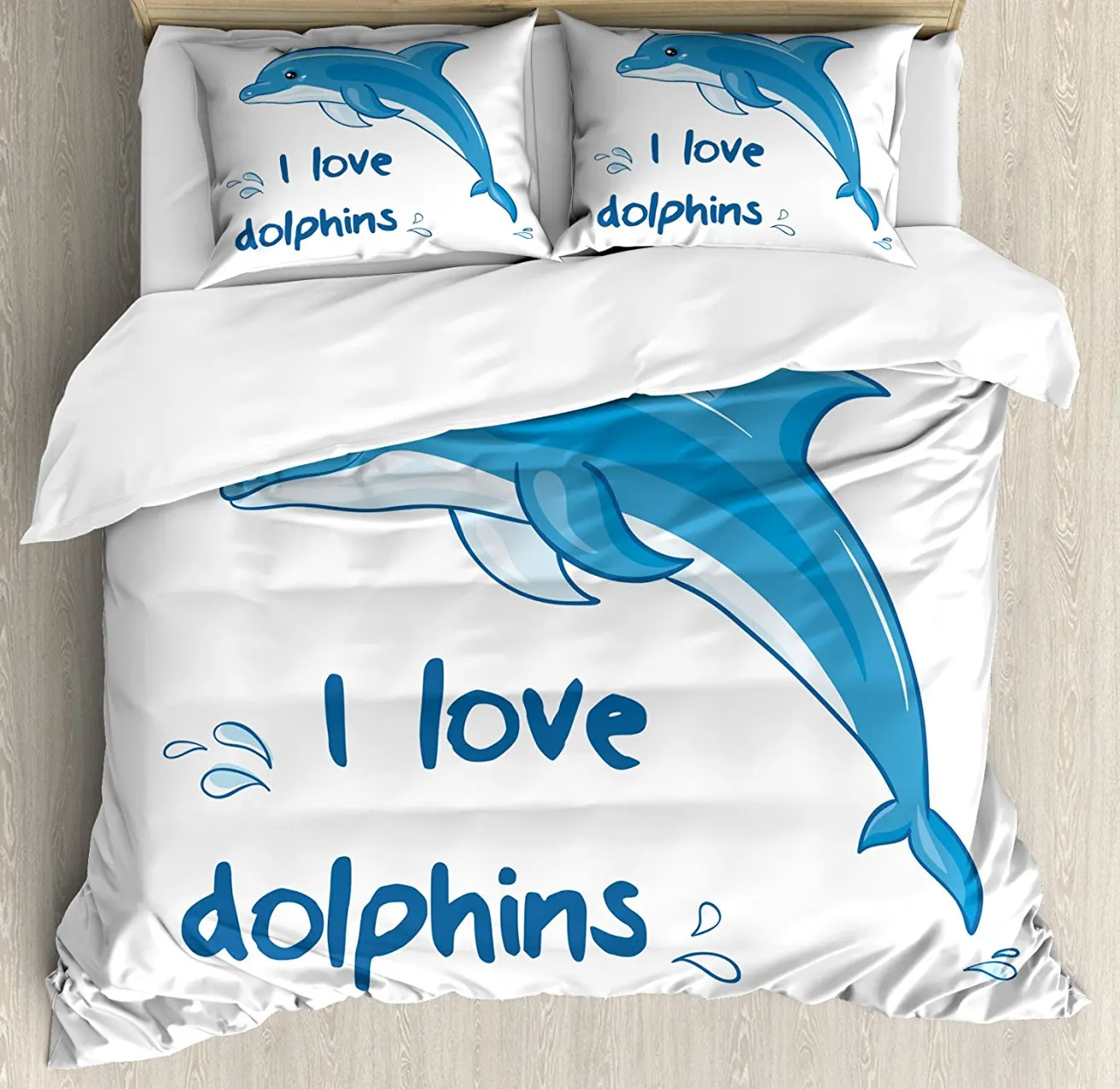 

Dolphin Duvet Cover Set Cartoon Style Ocean Animal with I Love Dolphins Quote and Water Splashes Image, 4 Piece Bedding Set