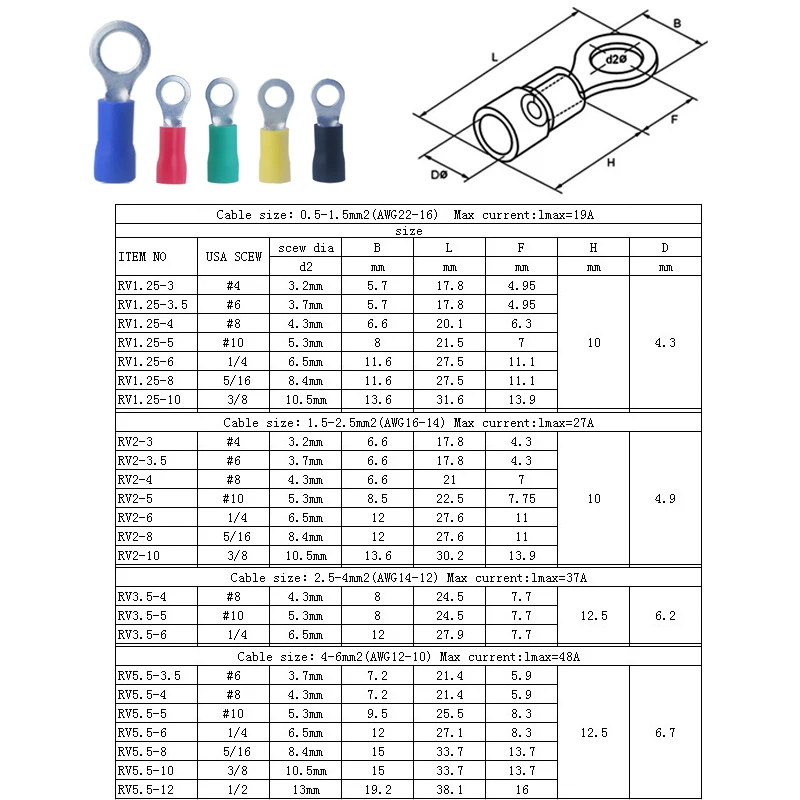 VSELE 1000 шт./упак. кольцо обжимной изоляции RV1.25-3 RV1.25-4 RV1.25-5 RV1.25-6 8 10 для 0,5-1.5mm2 провода Кабельный разъем