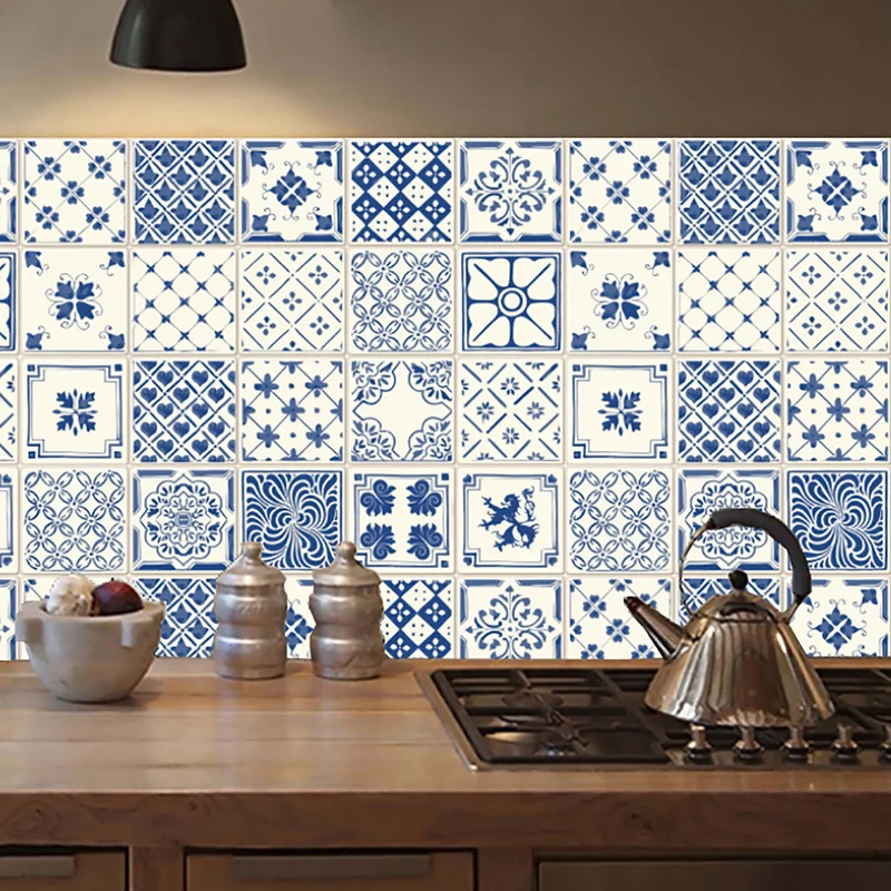 20pcs Self-adhesive Mandala Wall Tiles Stickers Waist Line Kitchen Wall Sticker PVC Floor Wallpaper Home Decor Bright Color