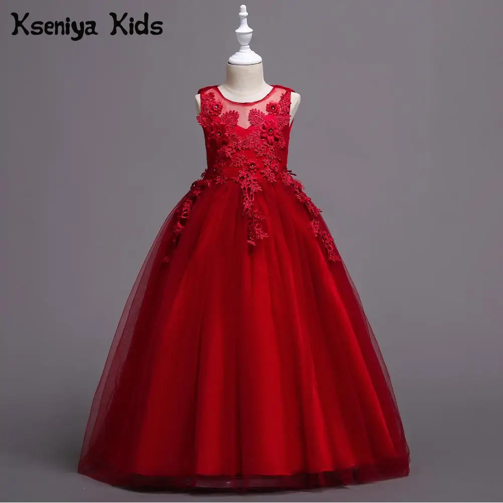 

Kseniya Kids 2018 New Dress Children's Silk Princess Dress Flower Girl Long Show Dress Baby Girl Lace Dress Girl Clothing Brand