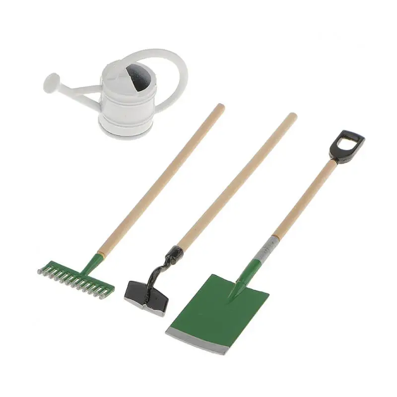 Set of 4 Pieces Miniature Garden Tools Watering Pot Shovel Hoe Rake Dollhouse Accessory