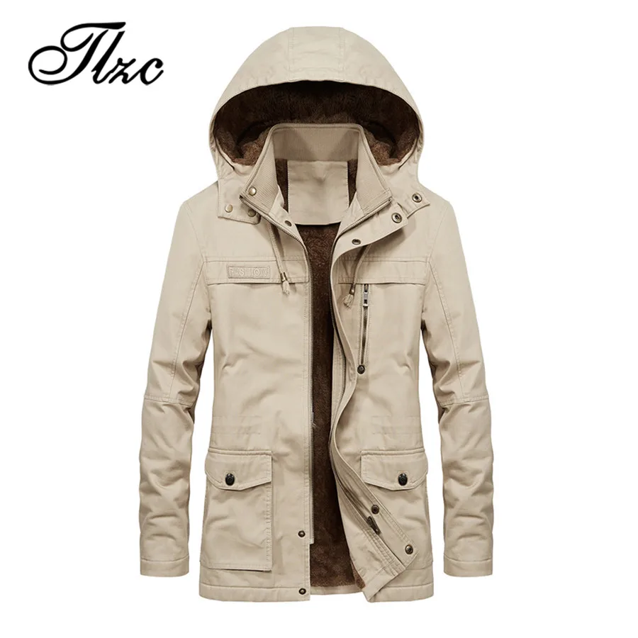 

TLZC 2019 Men's Long Windbreaker Hooded Jacket Coat Large Size M-4XL Autumn Winter Jacket Men's Velvet Washed Casual Jacket