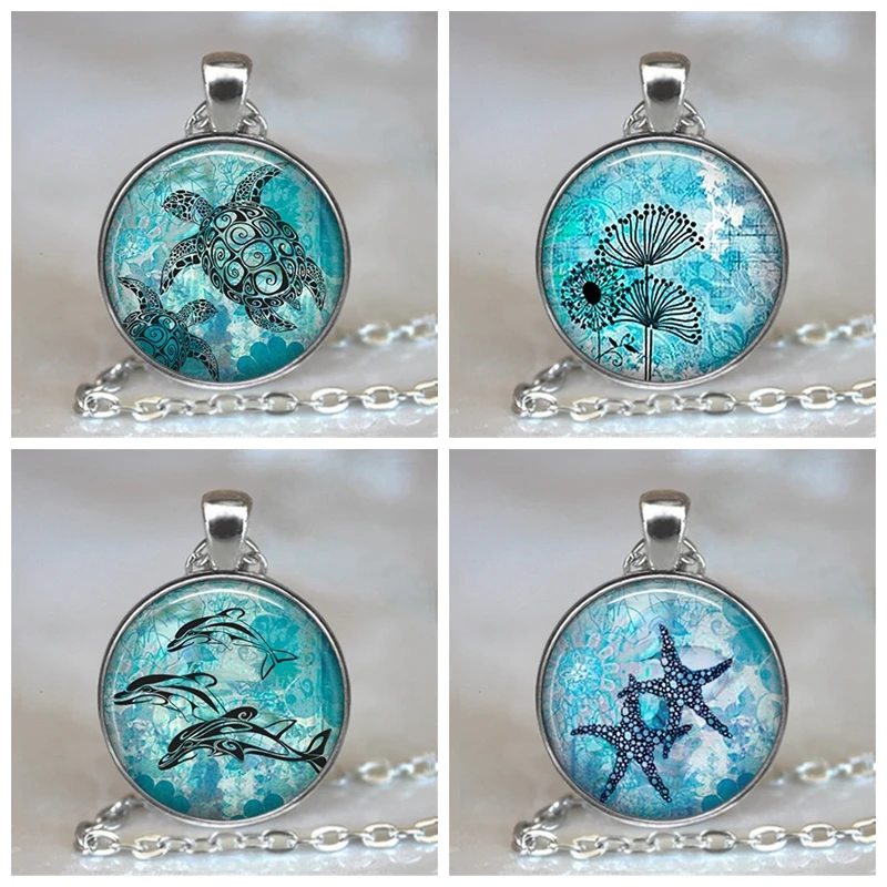 

Blue Ocean Starfish Turtle dolphin Silver Color Jewelry Classic Glass Cabochon Necklace&Pendants Fashion Fine Jewelry For Women