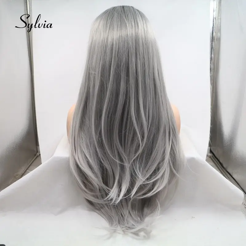 Sylvia длинные натуральные прямые парики черный до темно-серый Омбре синтетические парики на кружеве термостойкие волокна волос Блонд советы