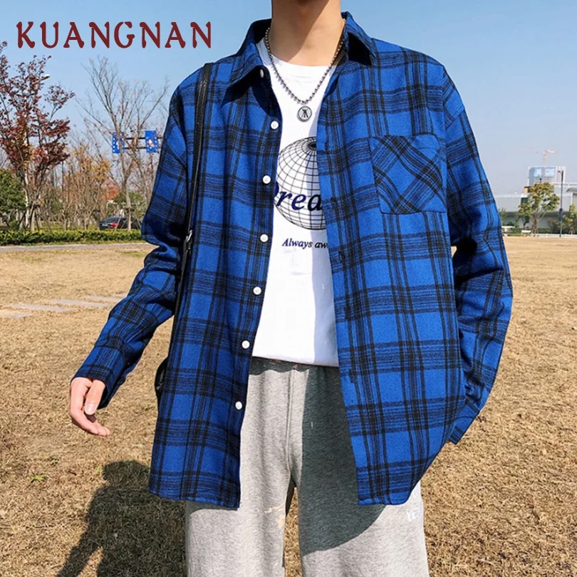 

KUANGNAN Blue Plaid Shirt Men Streetwear Men Shirt Long Sleeve Cotton Mens Shirts Casual Slim Fit Clothing XXXL 2019 Spring New