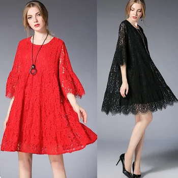 

New2018Spring Female plus size elegant loose fit Lace Dress empire flare dress beautiful dress temperament vestidos tunic XL-5XL