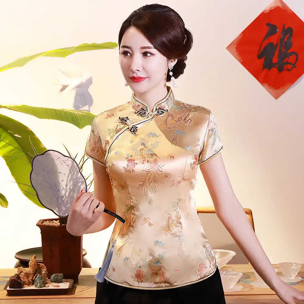 Classic Chinese Style Tang Shirts Women Ladies Short Sleeve Summer Blouse Tops D