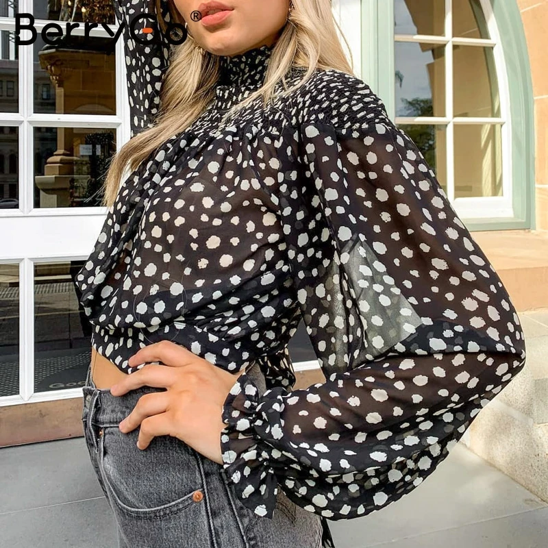 

BerryGo Sweet dot print women blouse shirt Elegant long sleeve lace up chiffon tops Autumn winter pullover blouse shirt 2019