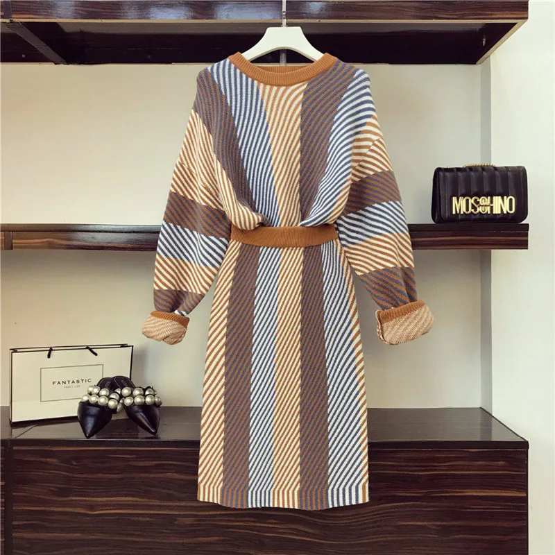

Women Set 2019 Spring Autumn Knit Sweater Pullovers+ Skirt Set 2 Pieces Causal Suits Ladies Irregular Striped Knitted Suit W450