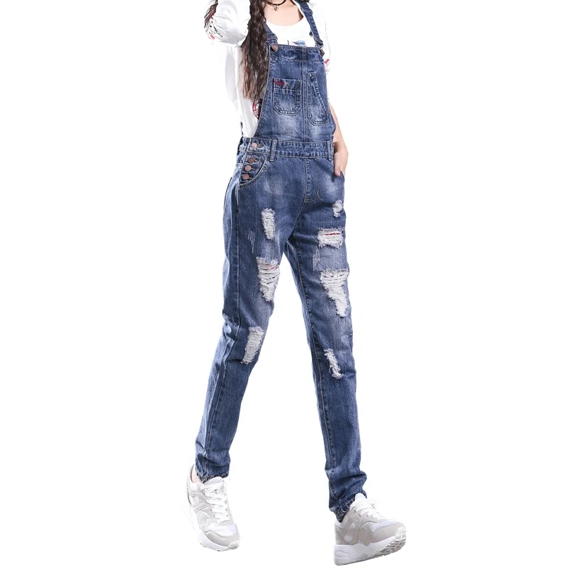 

Hot 2017 Fall Spring Ripped Hole Denim Jumpsuits Femme Elegant Overalls And Rompers Long Coveralls Plus Size E740