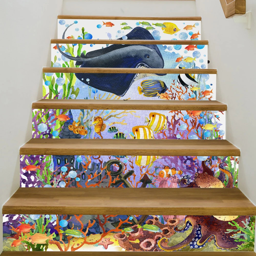

6pcs 3D Stairs Sticker Underwater World Self Adhesive Waterproof Removable Wall Stickers Wallpaper Home Decoration Art Decal