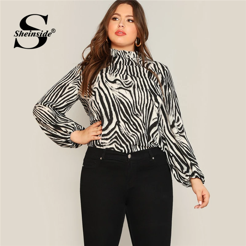 

Sheinside Plus Size Animal Print Black and White Blouse Women Long Sleeve Zebra Pattern Top Mock-neck Womens Tops And Blouses