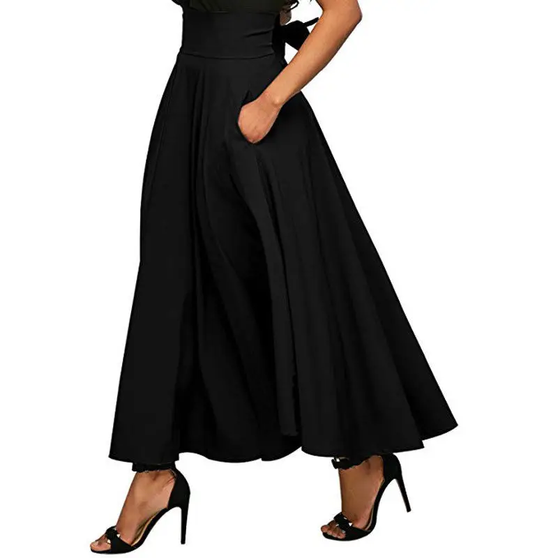 Women's High Waist Pleated Swing Skirt Ladies A Line Long Umbrella Maxi