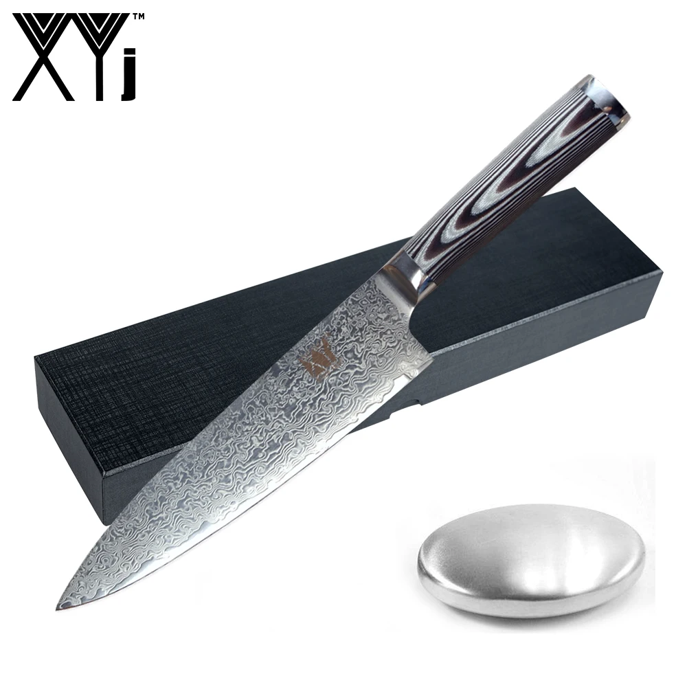 

XYj Brand Kitchen Knife Set Damascus Knife High End Pretty G10 Handle Cooking Tools + Black Gift Box + Stainless Steel Soap