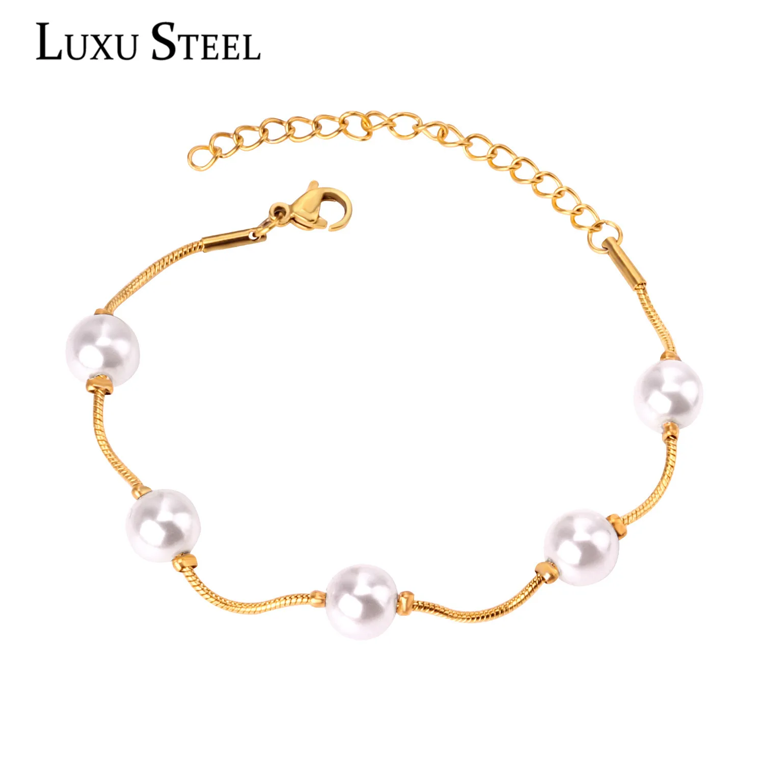 

LUXUSTEEL Snake Chain Bracelets Bangles Stainless Steel Gold/Silver With Imitation Pearl Bracelets Female Bijoux Party Gift