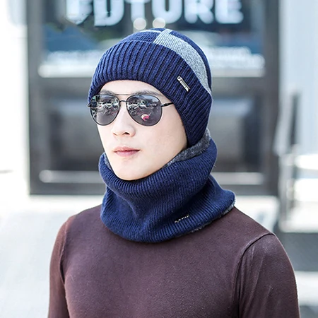 Navy blue Зимние шапки Скалли зимняя шапка бини для мужчин женский шерстяной шарф головные уборы, Балаклава маска Knitted шапка вязаная - Цвет: Navy blue