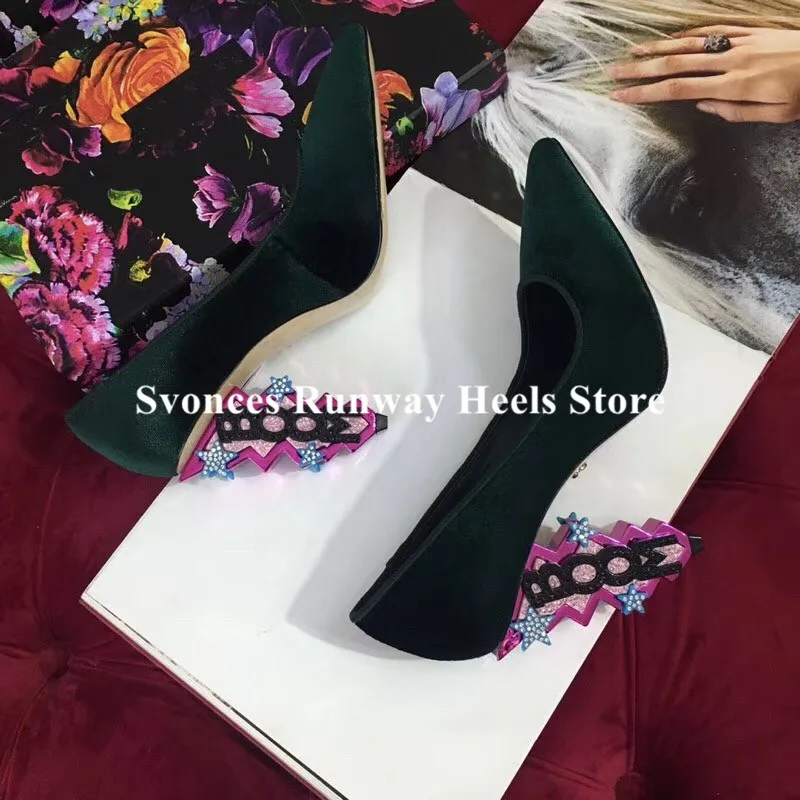 Tacones Mujer; коллекция года; черные бархатные женские туфли-лодочки на скульптурном каблуке; женские туфли на высоком каблуке с блестящими кристаллами; свадебные туфли; Большой размер 42