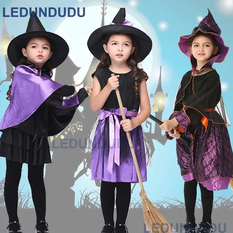 Детские фиолетовые ведьмы Косплэй костюм со шляпой детей Хэллоуин Праздник одежда для представлений Обувь для девочек Черная магия
