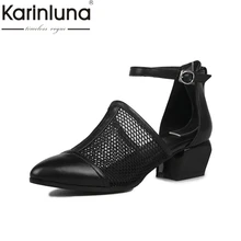 Karinluna/2017 г. новый бренд с вырезами натуральная кожа черного цвета женская обувь на среднем каблуке женские босоножки Природа кожа коровы черная обувь для вечеринок