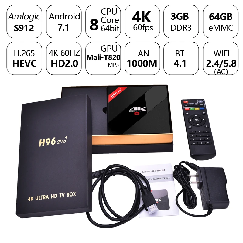 ТВ приставка H96 Pro + Amlogic S912 3 64 ГБ Android 7 1 Bluetooth 4 4K 60 к/с 2 4/5 ГГц|ТВ-приставки и