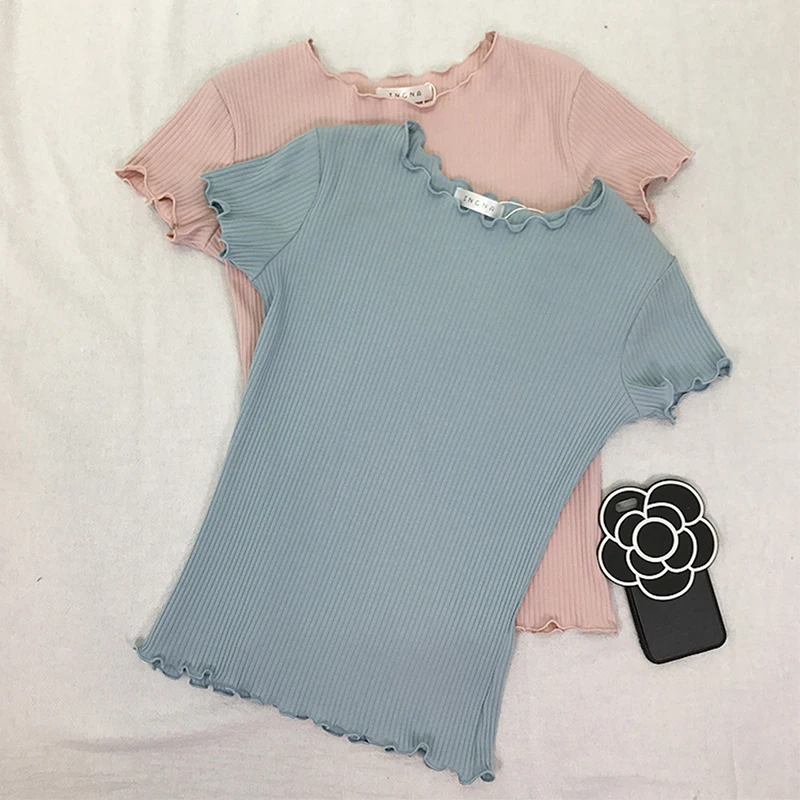 

Women Tees Ruffled Trimmings Ribbed Crop Tops Soft And Stretchy Short Sleeve T-shirts Basic Cropped Top