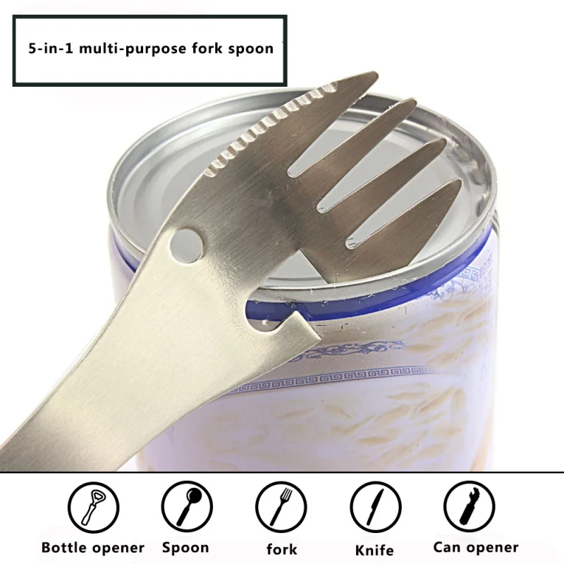 304 acero inoxidable multifuncional equipo de camping utensilios de cocina cuchara tenedor abrebotellas herramienta portátil supervivencia al aire libre