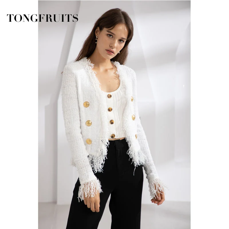 Fashion Long Sleeve Coats Gold Double Row Button Slim Casual Autumn Women Jacket Tassel Coat Female Outwear white High Quality