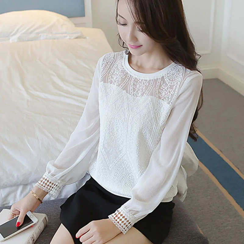 Hollow Out Women Spring Autumn Lace Blouses Shirts Lady Casual O-Neck Lace Blusas Tops DF1716 Blouses