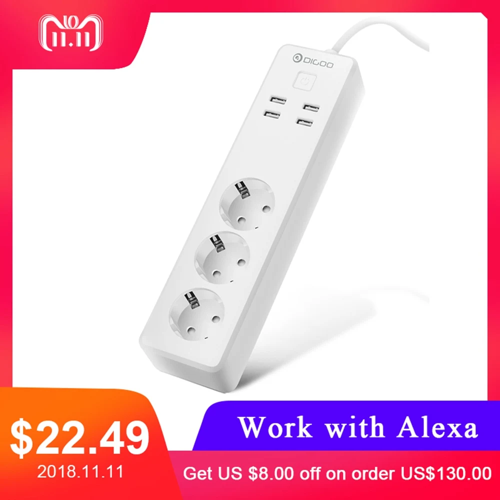 

DIGOO DG-PS01 Smart Power Strip EU Smart Home USB Port Remote Separate Control Power Outlet Timing for Alexa for Google Home