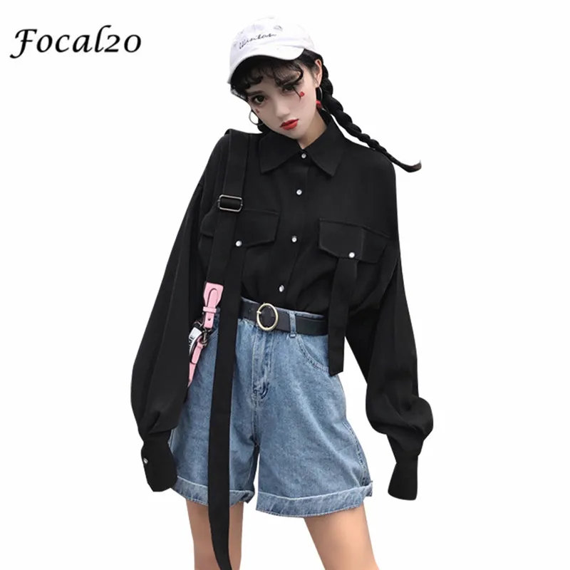 

Focal20 Trendy Ribbon Pockets Women Blouse Shirt Spring Long Sleeve Casual Loose Oversize Female Blouse Top Streetwear