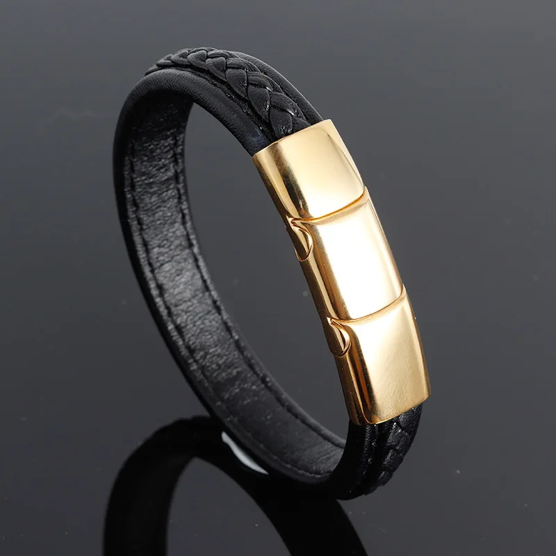 

Punk Man Jewelry Black with Gold Braided Genuine Leather Bracelet for Women Stainless Steel Magnetic Clasp Fashion Bangles