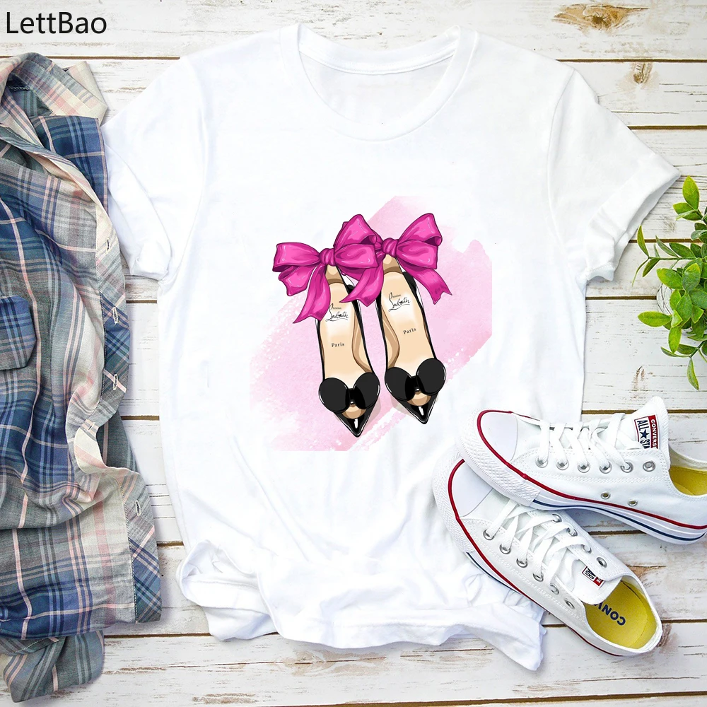 

black High Heel bowknot vogue print karl T Shirt Lady Luxury Make Up Paris Style cotton T-Shirt Women Summer tops Short sleeve