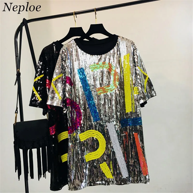 

Neploe Sequins Medium-long Tee Shirts 2019 New Letter Short Sleeve T Shirt O-neck Women t shirt Fashion Blingbling TShirts 38072