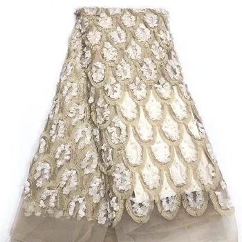 

HFX Nigerian Lace Fabrics Latest 2019 Embroidered 3d Flowers African Wedding Party Tulle Lace Gold/White Net French Lace X1616