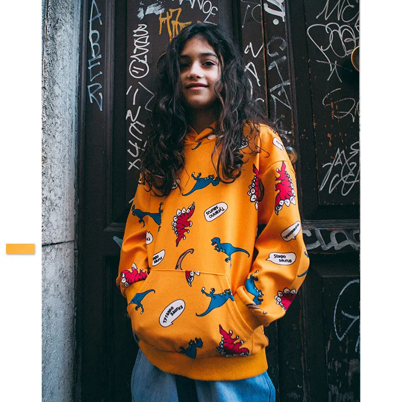 

Ouyang&Ivan Autumn Spring New Cartoon Dinosaur Print Girl Hooded Sweatshirt Children's Hoodies Street Style Long-sleeved Sweater