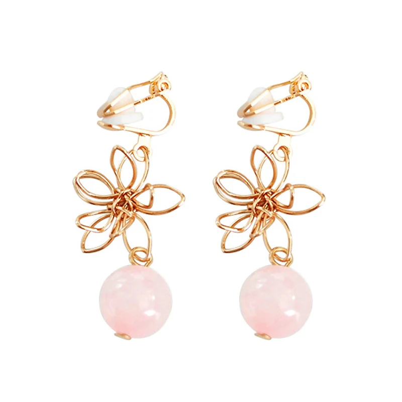 Japan Sakura Clip Earring With Pink Stone Bead Crystal Hollowed out