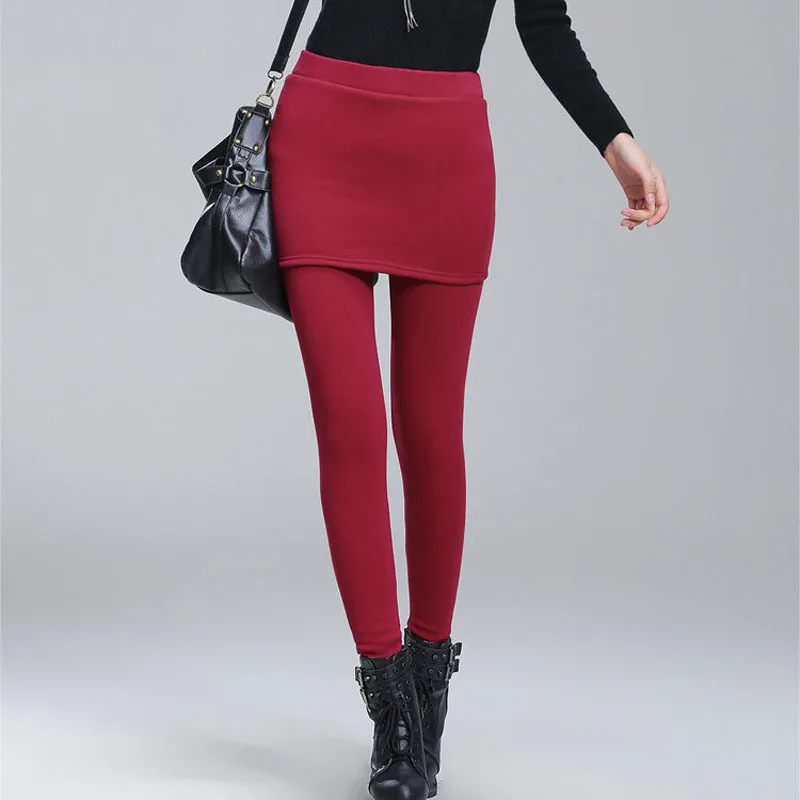 Холодные зимние женские теплые черные леггинсы размера плюс S-4XL с флисовой юбкой+ длинные женские брюки - Цвет: Wine Red