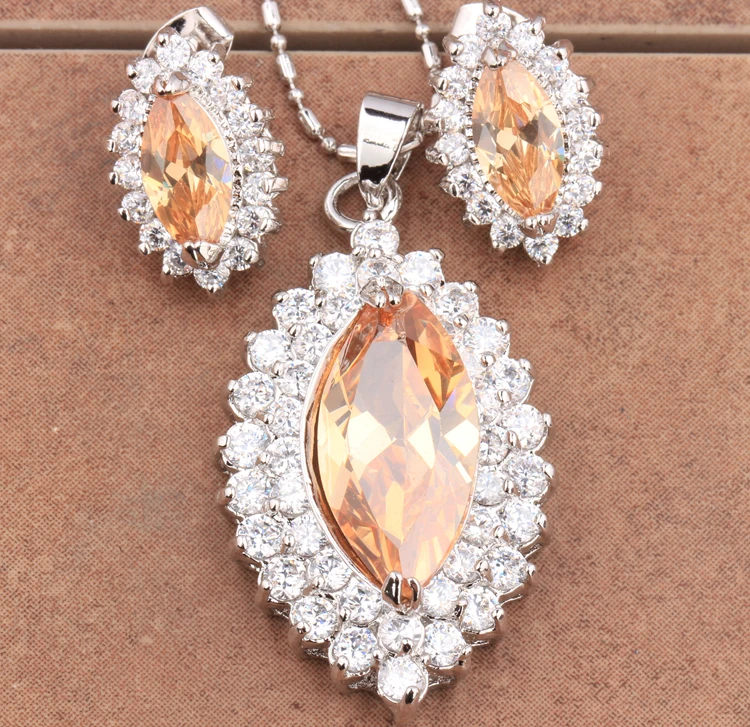 

Angel Big Eyes Marquise Orange Chanpagne Morganite 925 Sterling Silver Jewelry Sets Earring Pendant S8477