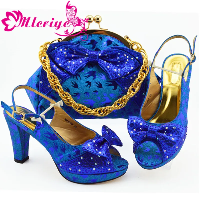 

Blue Color Classics Style Matching Shoes and Bag Set with Shinning Crystal Nigerian Designer Shoes and Bag to Match 2019