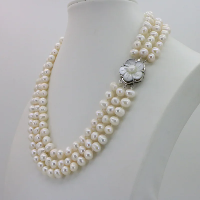 3 ROWS 9-10MM RICE GENUINE WHITE AKOYA PEARL NECKLACE 17-19"