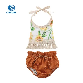 

2018 Brand New Summer Newborn Kids Girls Sunflower Set Baby Girls Flower Tassel Tops Shorts Infant Clothing Outfits Sunsuit