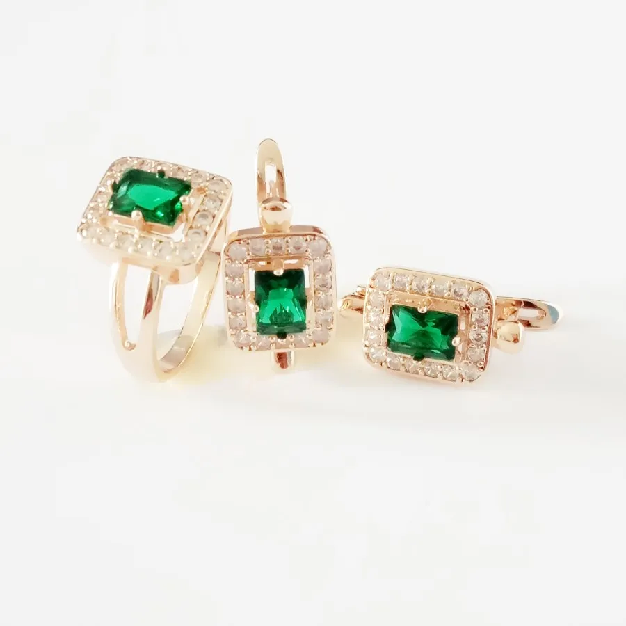 

New Fashion Jewelry Set Rose Gold Color Women Jewelry Romantic Green Cubic Zircon Jewelry Earring +Ring Wedding Jewelry Sets