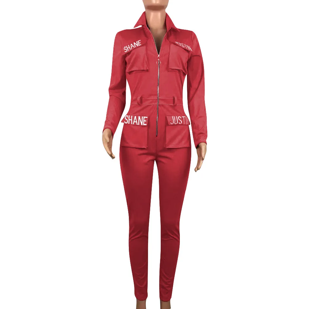 Woman Letter Print Embroidery Casual Overalls V-neck Zipprt Slim Bodycon Club Outfit Pocket Woman Romper Tracksuit Jumpsuit 