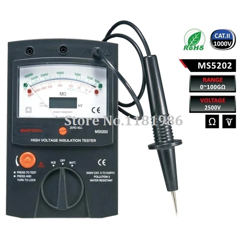 

MASTECH MS5202 Digital/Analogue/Dual Display/Pointer Megger Megometro Insulation Resistance Tester Max to 2500V 100000 Mohm